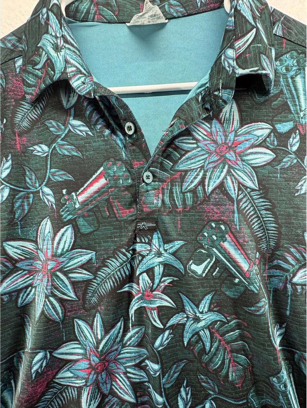 Retro Rifle Hawaiian Drip Performance Polo Guns Floral AKs and Vacays Men Medium